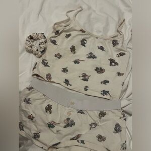 Cream Dinosaur Print Pajama Set with Scrunchie from BRANDY MELVILLE